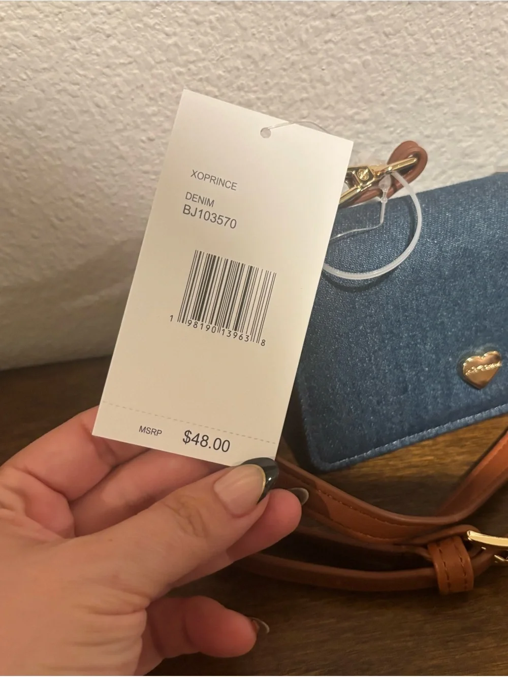 Betsey Johnson Mini Denim Crossbody with Brown Strap and Gold Tone Heart